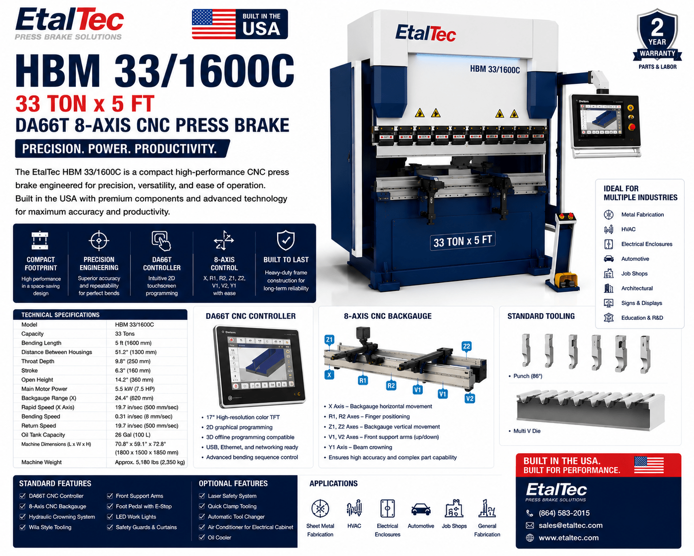 EtalTec HBM 33/1600C 33 Ton x 5 ft DA66T 8-Axis CNC Press Brake USA - UmproTech