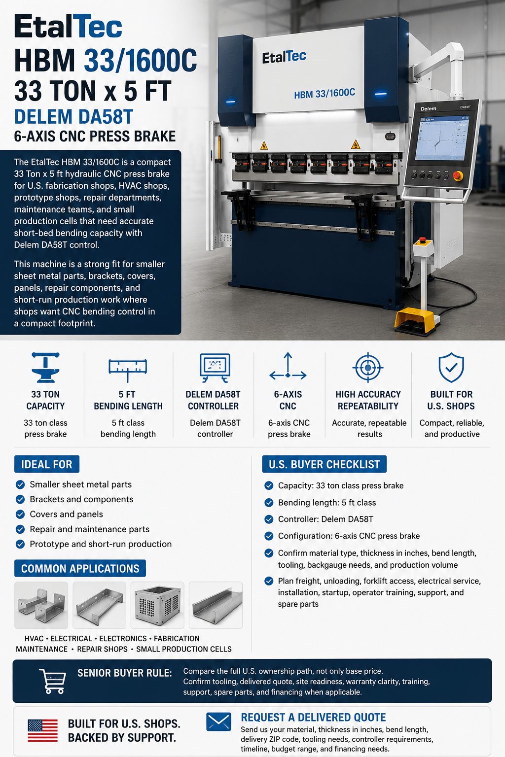 EtalTec HBM 33/1600C USA – 33 Ton x 5 ft Delem DA58T 6-Axis CNC Press Brake - UmproTech