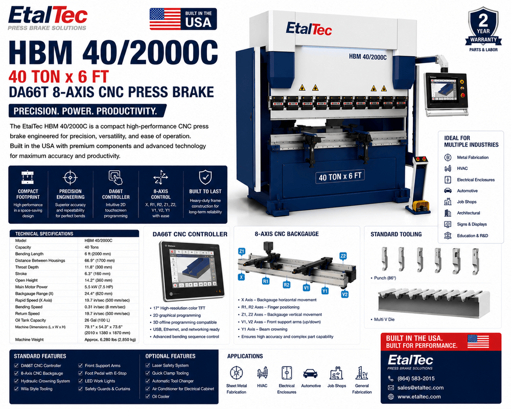 EtalTec HBM 40/2000C 40 Ton x 6 ft DA66T 8-Axis CNC Press Brake USA - UmproTech