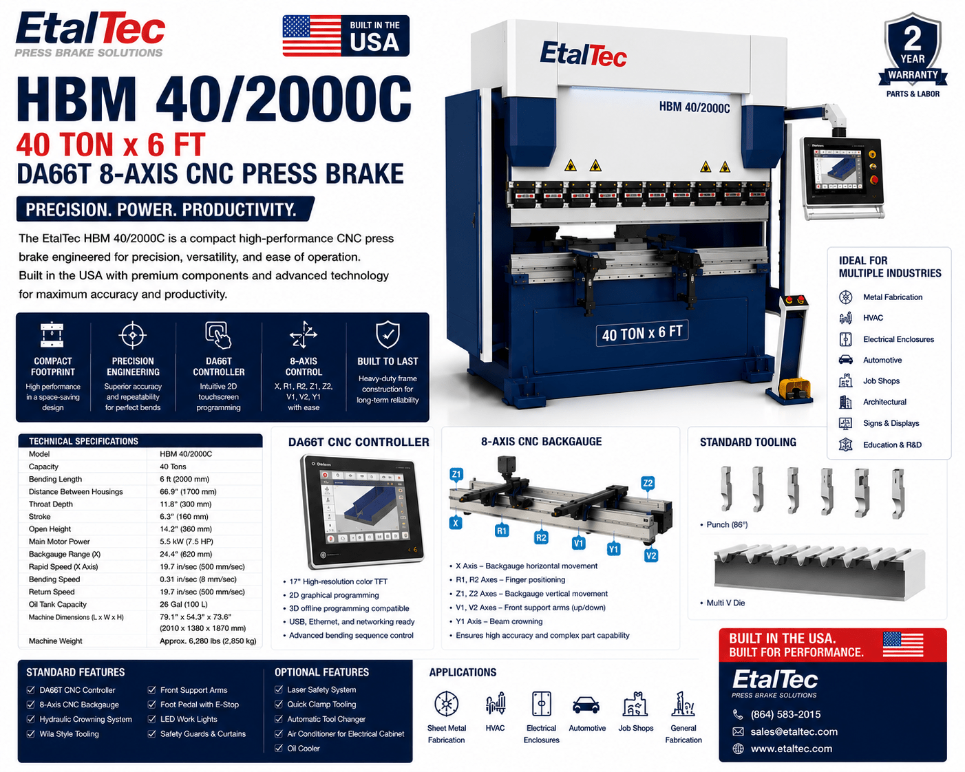 EtalTec HBM 40/2000C 40 Ton x 6 ft DA66T 8-Axis CNC Press Brake USA - UmproTech