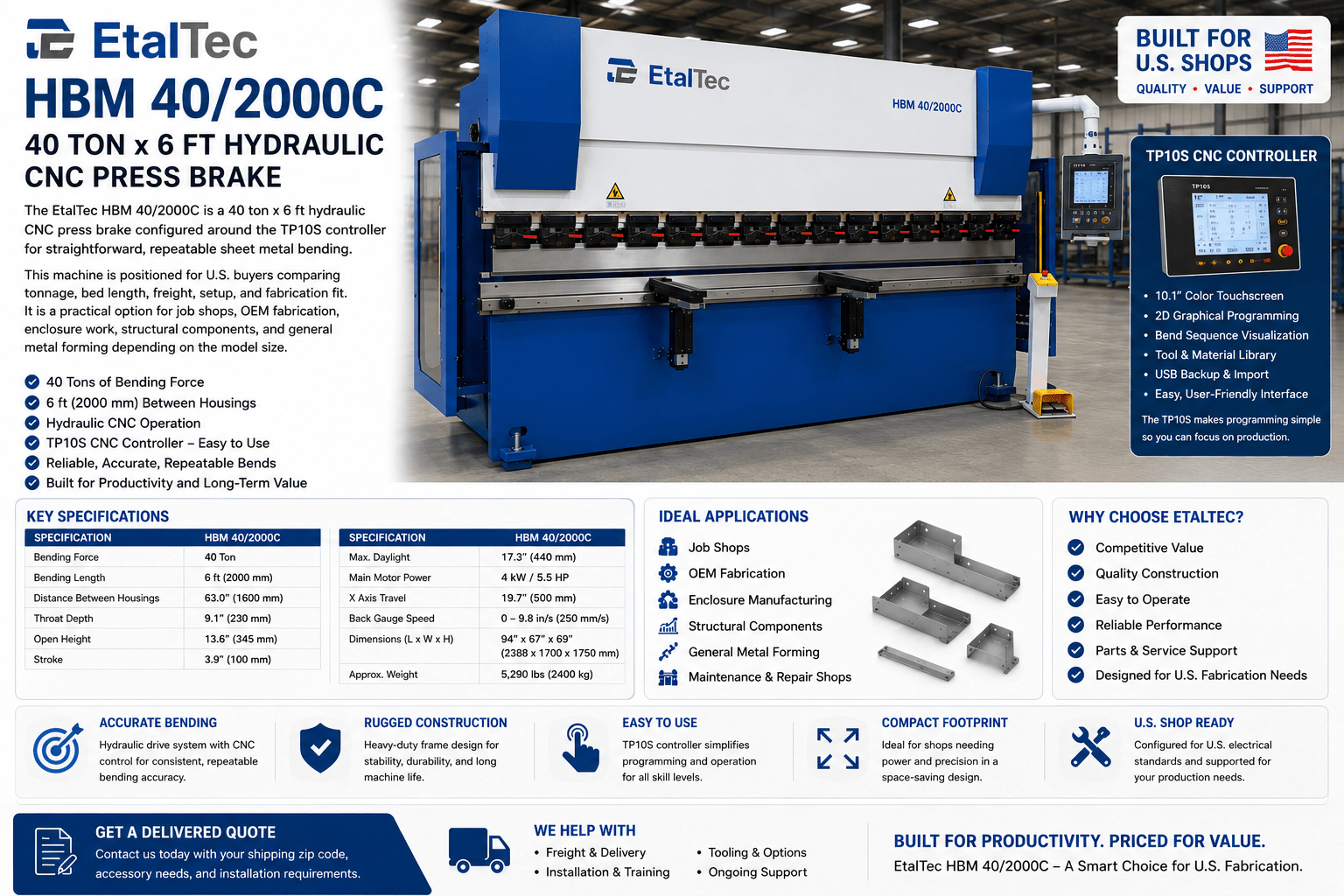 EtalTec HBM 40/2000C USA – 40 Ton x 6 ft TP10S CNC Press Brake - UmproTech