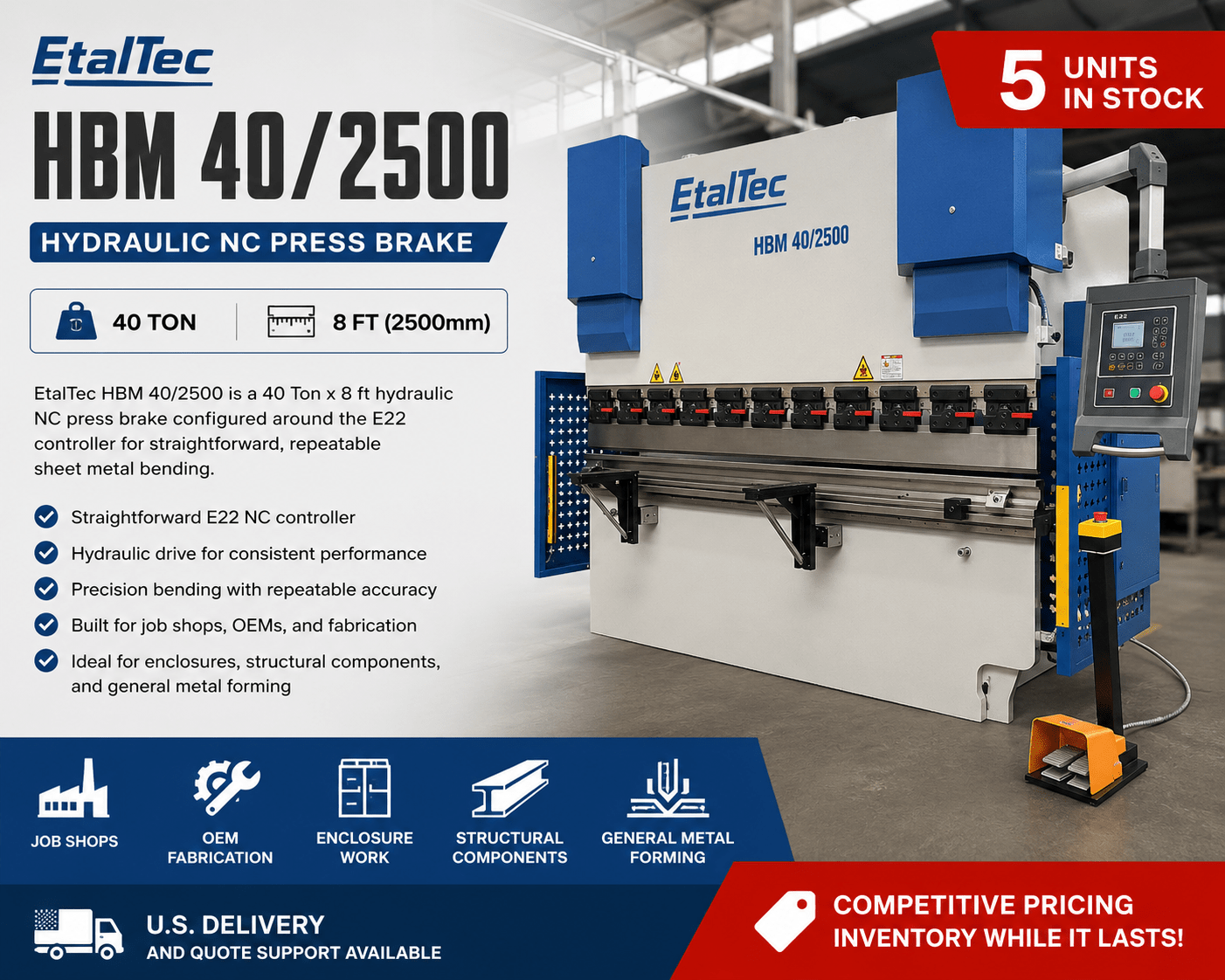 EtalTec HBM NC / E22 CNC Press Brakes — HBM 40/2500 • 40 Ton × 8 ft E22 NC