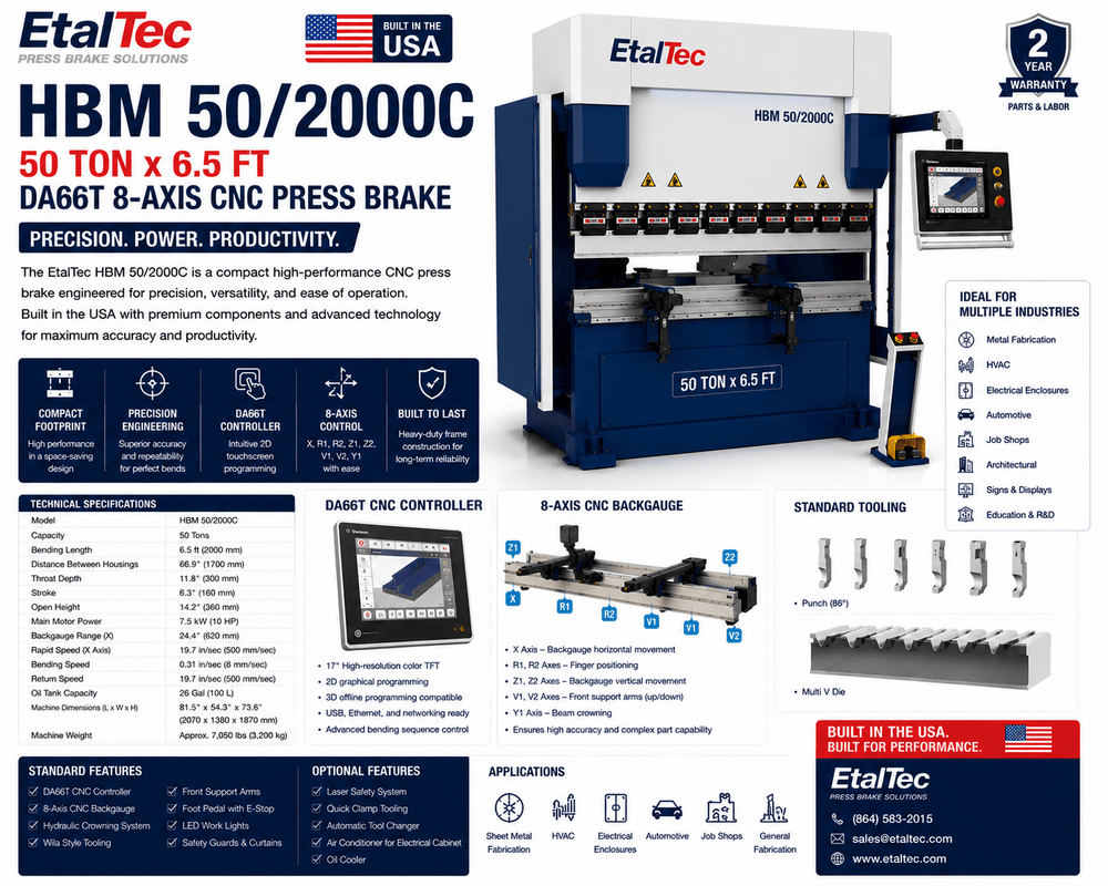 EtalTec HBM 50/2000C 50 Ton x 6.5 ft DA66T 8-Axis CNC Press Brake USA - UmproTech