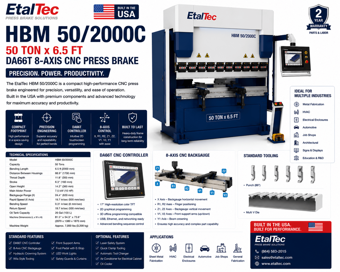 EtalTec HBM 50/2000C 50 Ton x 6.5 ft DA66T 8-Axis CNC Press Brake USA - UmproTech
