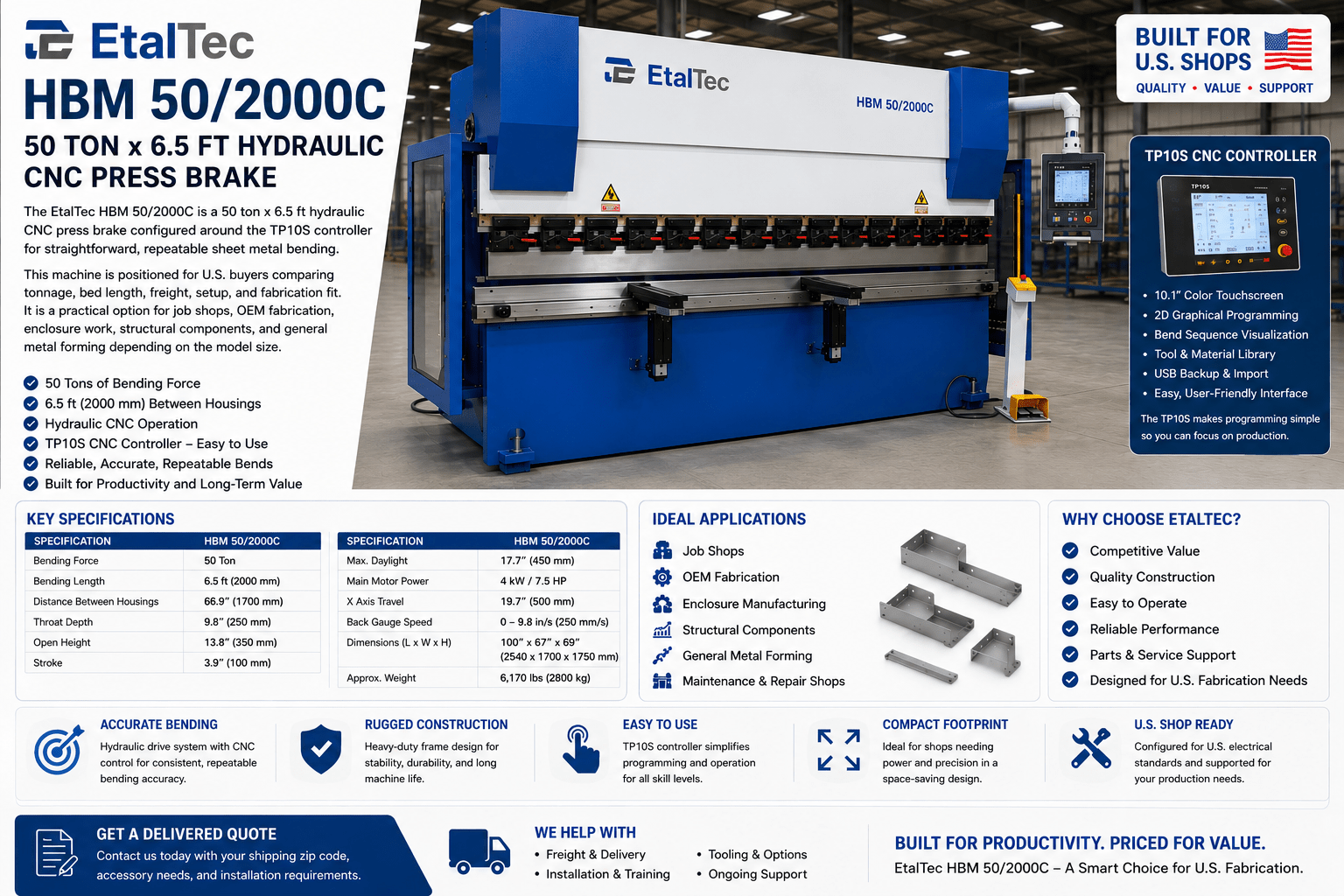 EtalTec HBM 50/2000C USA – 50 Ton x 6.5 ft TP10S CNC Press Brake - UmproTech