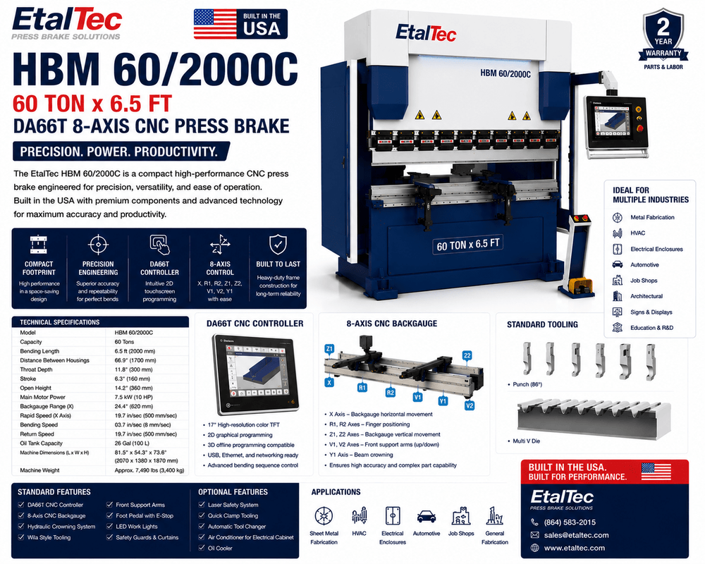 EtalTec HBM 60/2000C 60 Ton x 6.5 ft DA66T 8-Axis CNC Press Brake USA - UmproTech