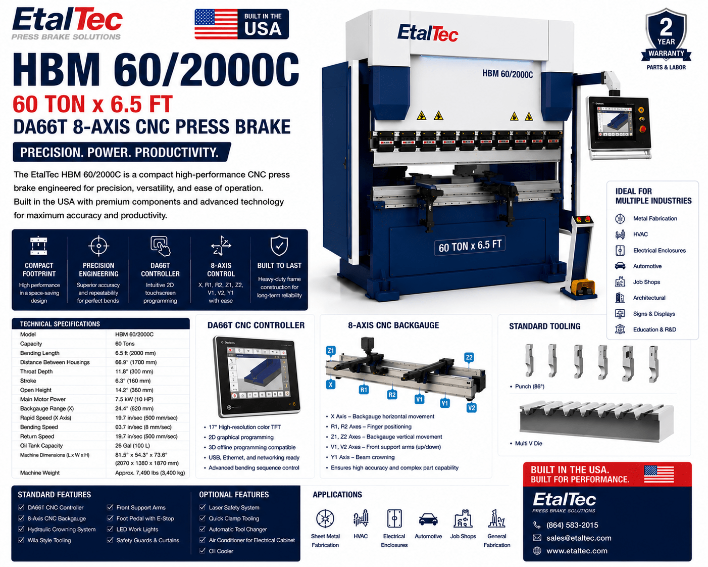 EtalTec HBM 60/2000C 60 Ton x 6.5 ft DA66T 8-Axis CNC Press Brake USA - UmproTech