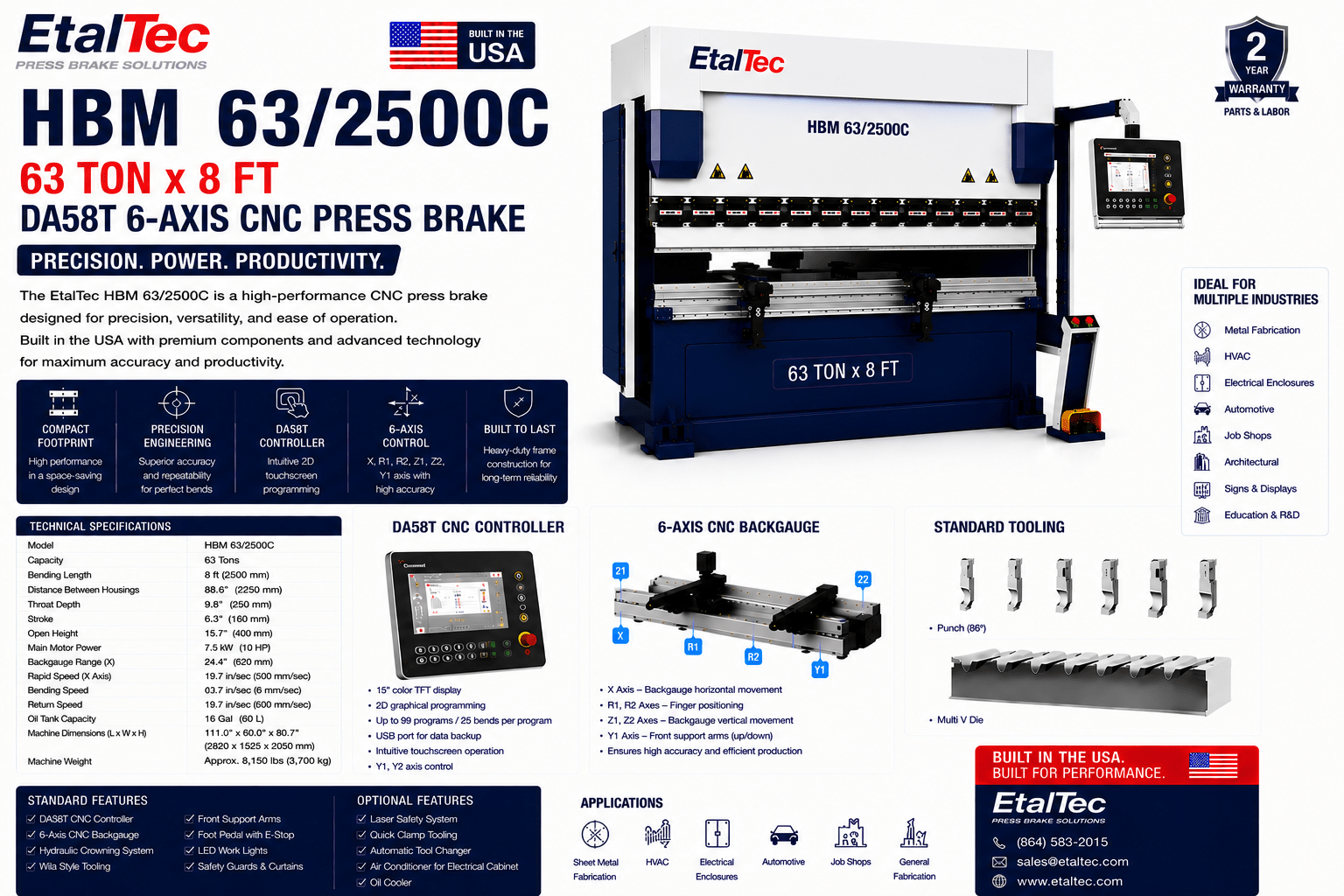 EtalTec HBM 63/2500C 63 Ton x 8 ft DA58T 6-Axis CNC Press Brake USA - UmproTech