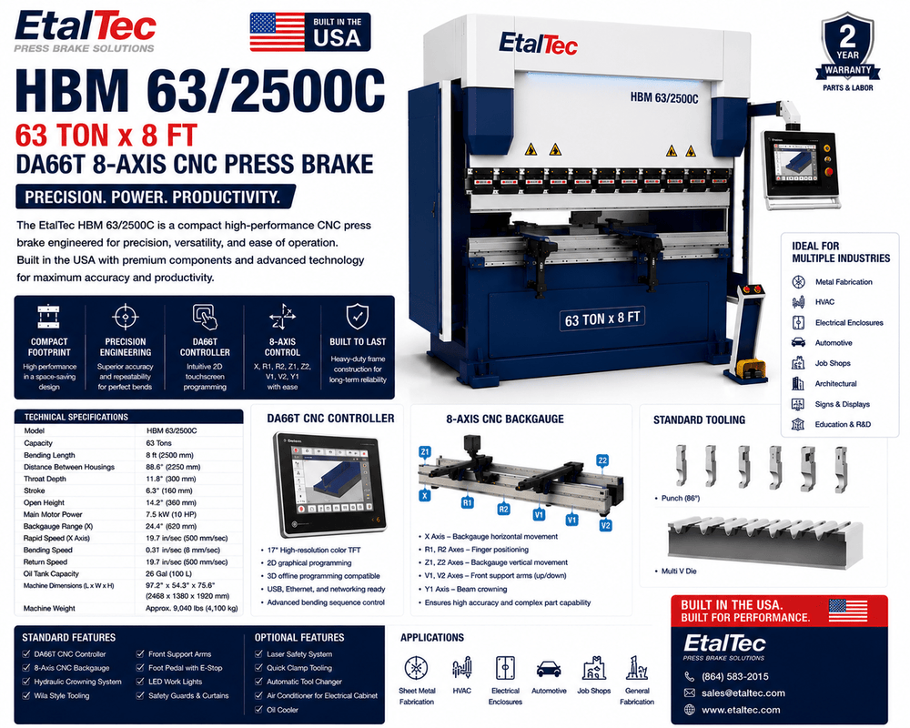 EtalTec HBM 63/2500C 63 Ton x 8 ft DA66T 8-Axis CNC Press Brake USA - UmproTech