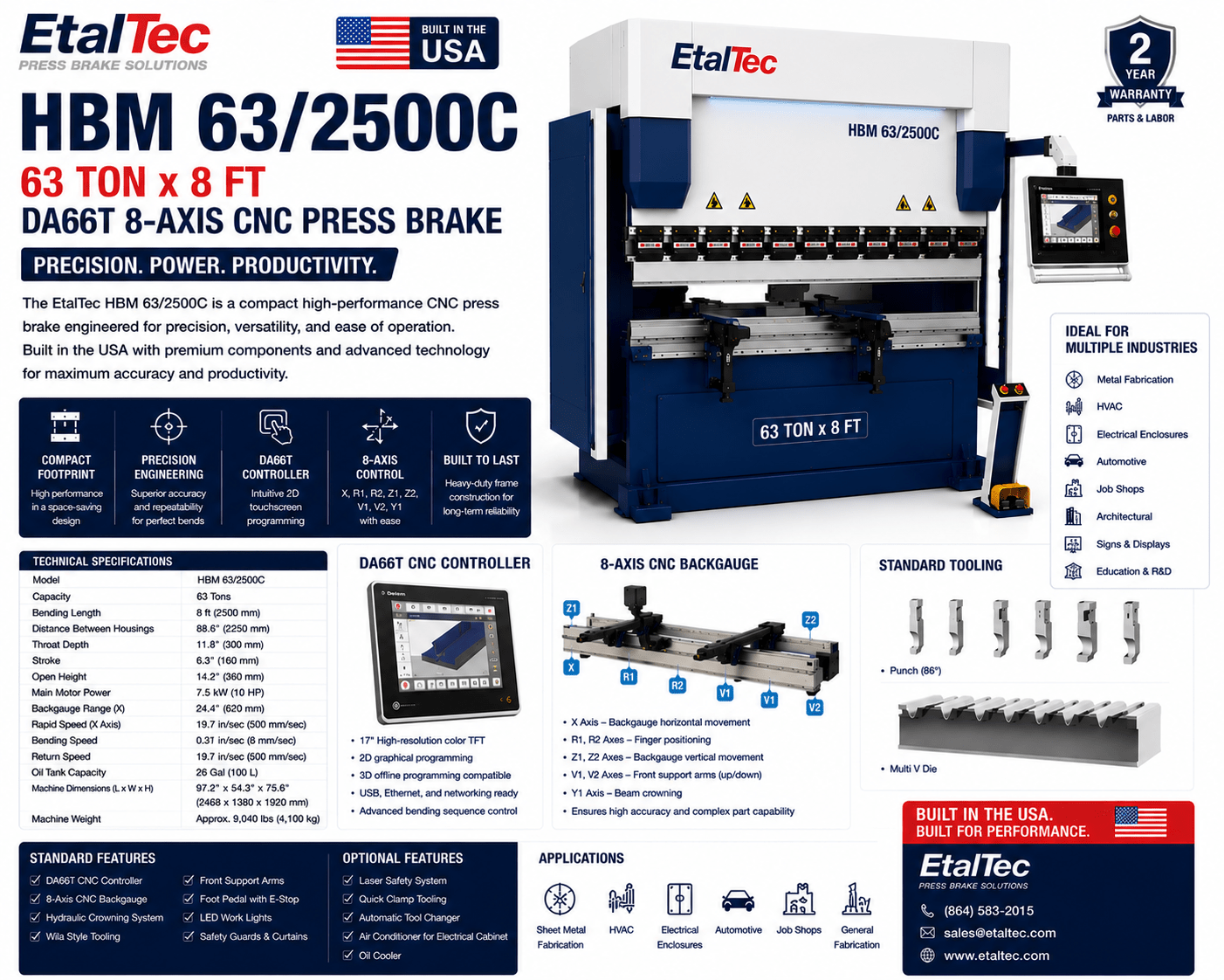 EtalTec HBM 63/2500C 63 Ton x 8 ft DA66T 8-Axis CNC Press Brake USA - UmproTech