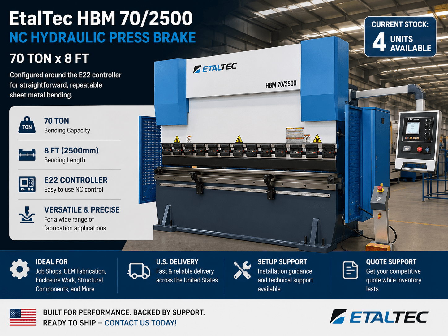 EtalTec HBM NC / E22 CNC Press Brakes — HBM 70/2500 • 70 Ton × 8 ft E22 NC