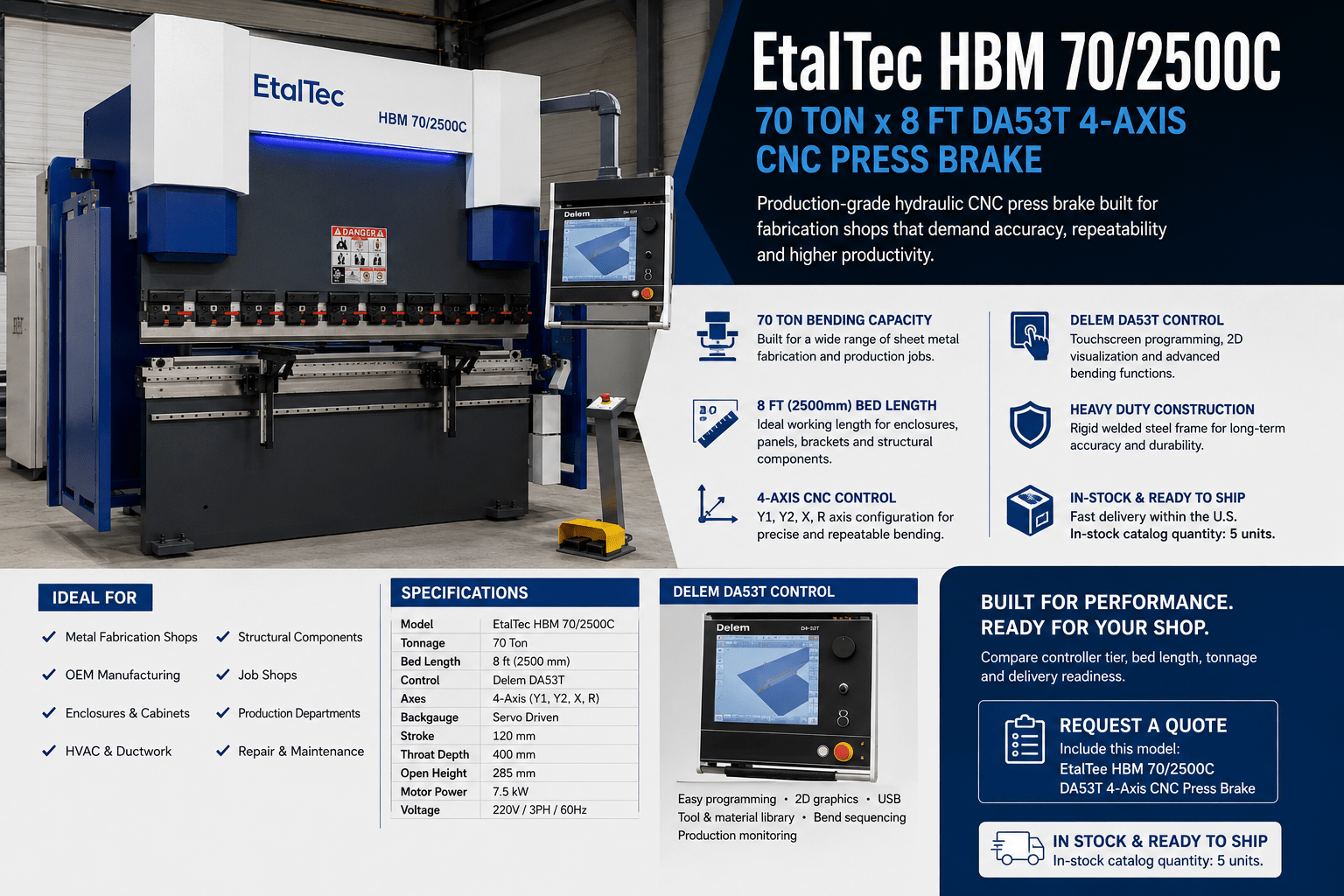EtalTec HBM 70/2500C 70 Ton x 8 ft DA53T CNC Press Brake USA | RFQ - UmproTech