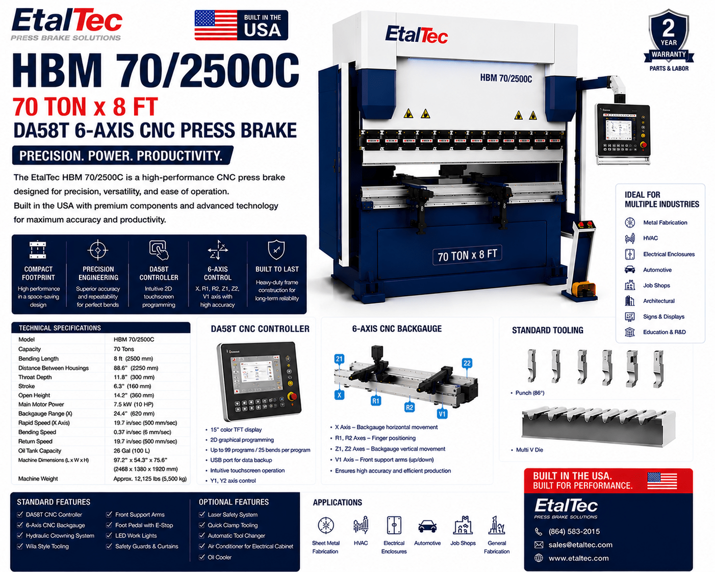 EtalTec HBM 70/2500C 70 Ton x 8 ft DA58T 6-Axis CNC Press Brake USA - UmproTech