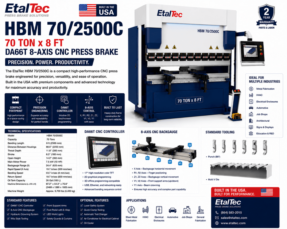 EtalTec HBM 70/2500C 70 Ton x 8 ft DA66T 8-Axis CNC Press Brake USA - UmproTech