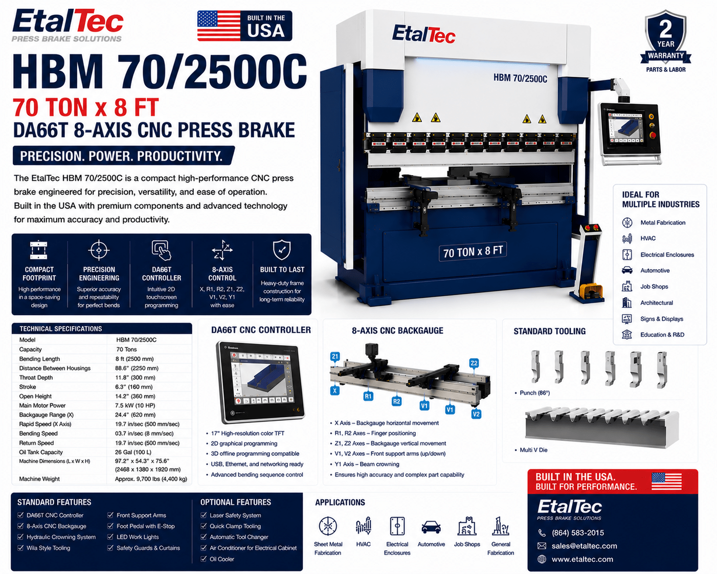 EtalTec HBM 70/2500C 70 Ton x 8 ft DA66T 8-Axis CNC Press Brake USA - UmproTech