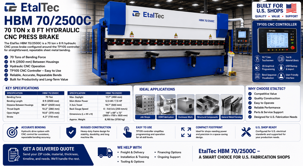 EtalTec HBM 70/2500C USA – 70 Ton x 8 ft TP10S CNC Press Brake - UmproTech