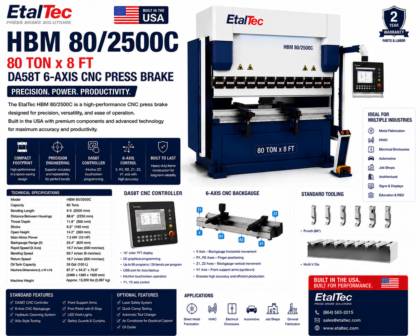 EtalTec HBM 80/2500C 80 Ton x 8 ft DA58T 6-Axis CNC Press Brake USA - UmproTech