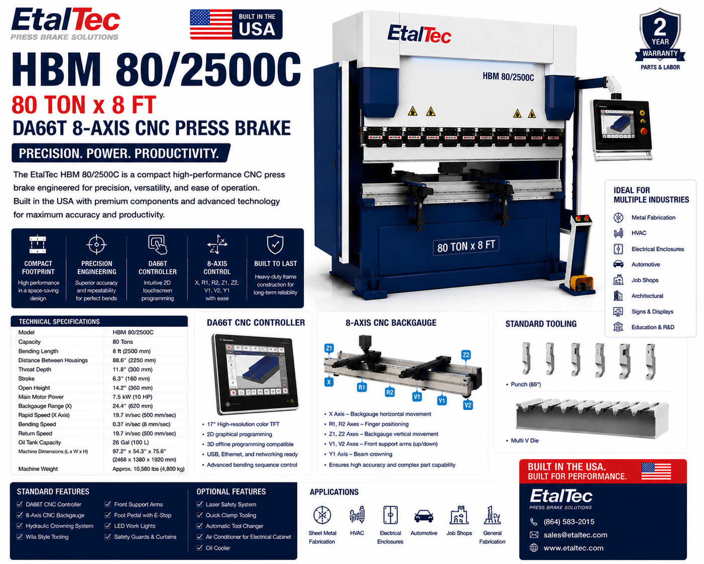EtalTec HBM 80/2500C 80 Ton x 8 ft DA66T 8-Axis CNC Press Brake USA - UmproTech