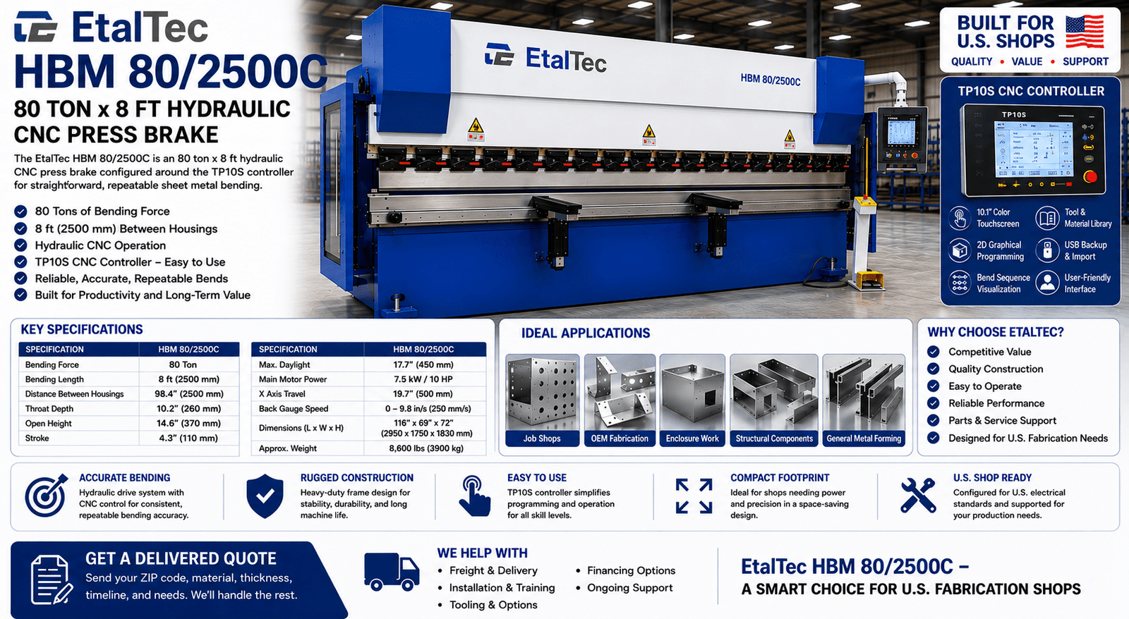 EtalTec HBM 80/2500C 80 Ton x 8 ft TP10S CNC Press Brake | U.S. Quote - UmproTech