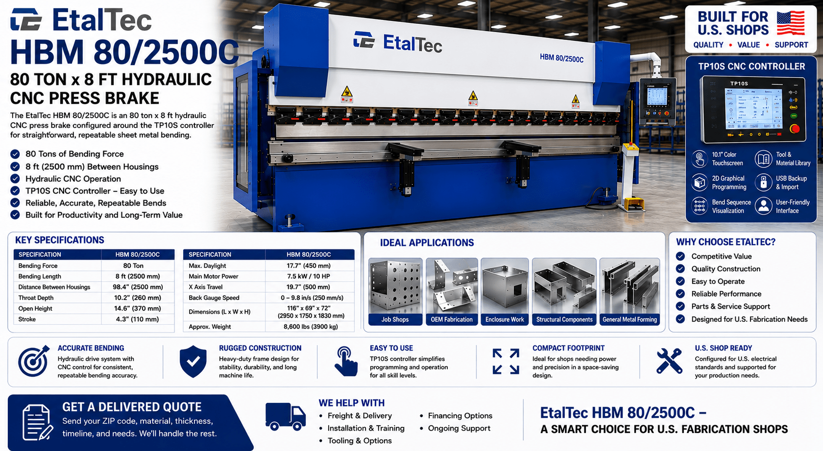 EtalTec HBM 80/2500C 80 Ton x 8 ft TP10S CNC Press Brake | U.S. Quote - UmproTech