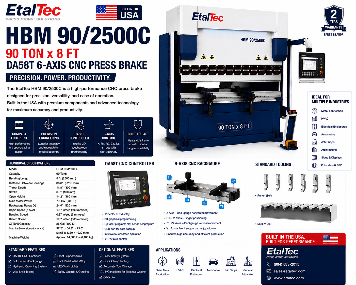 EtalTec HBM 90/2500C 90 Ton x 8 ft DA58T 6-Axis CNC Press Brake USA - UmproTech