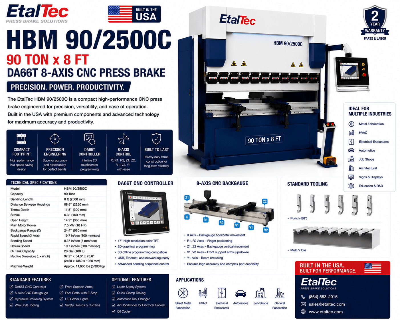 EtalTec HBM 90/2500C 90 Ton x 8 ft DA66T 8-Axis CNC Press Brake USA - UmproTech