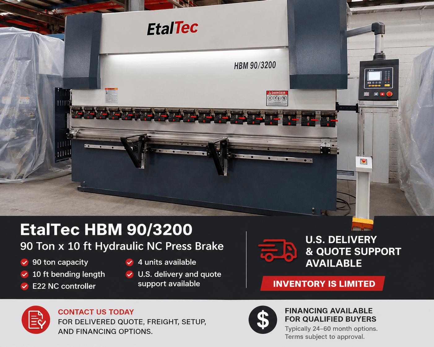 EtalTec HBM NC / E22 CNC Press Brakes — HBM 90/3200 • 90 Ton × 10 ft E22 NC