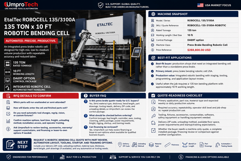EtalTec Robotic Press Brake Cells — ROBOCELL 135/3100A • 135 Ton × 10 ft Bending Robotic Cell