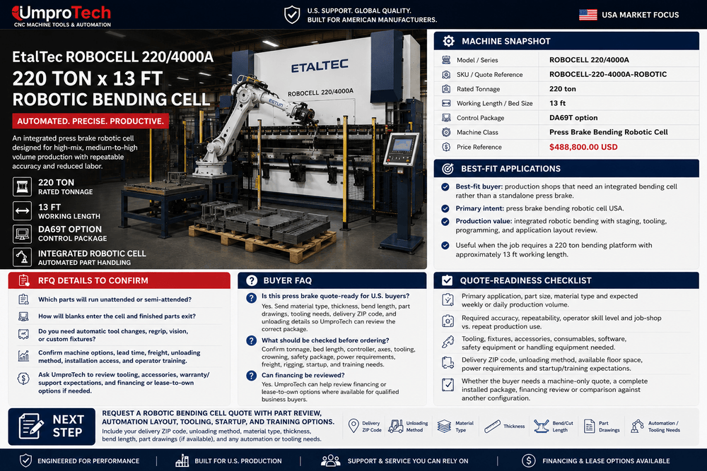 EtalTec Robotic Press Brake Cells — ROBOCELL 220/4000A • 220 Ton × 13 ft Bending Robotic Cell