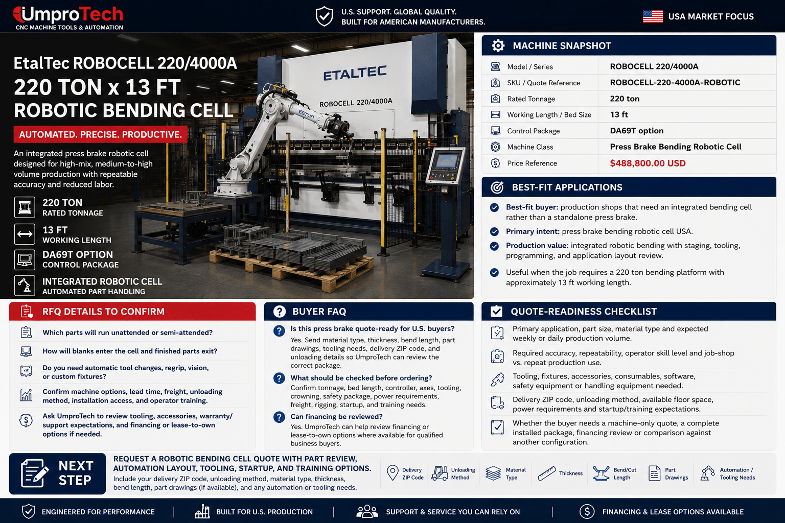 EtalTec Robotic Press Brake Cells — ROBOCELL 220/4000A • 220 Ton × 13 ft Bending Robotic Cell