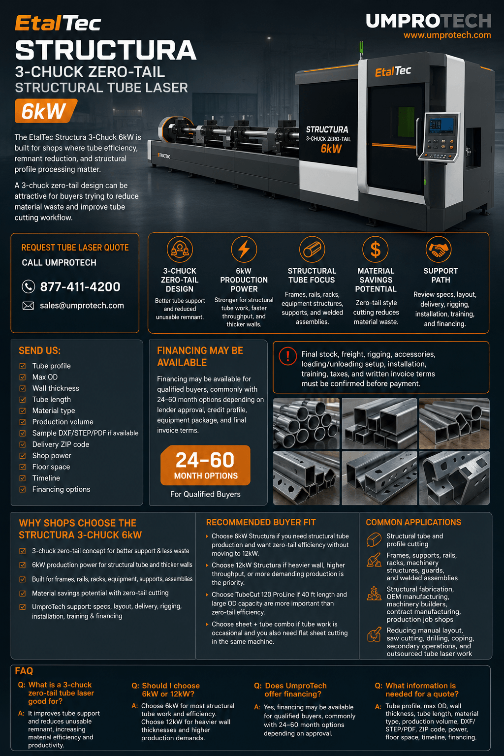 EtalTec Structura Tube Fiber Laser Cutters — Structura 3-Chuck Zero-Tail Structural Tube Laser • 6kW