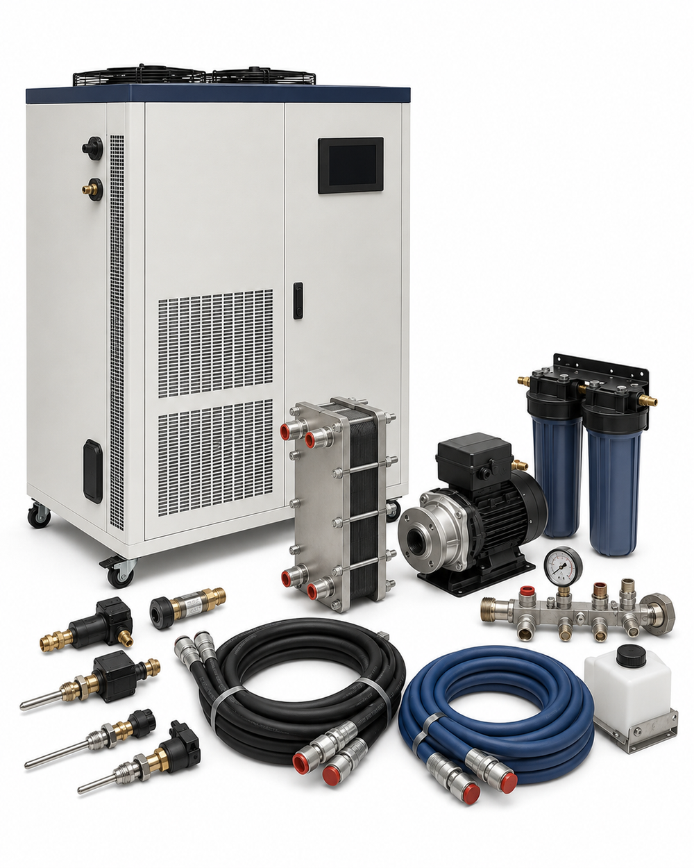 Fiber laser chiller replacement and cooling system upgrade kit on a white background