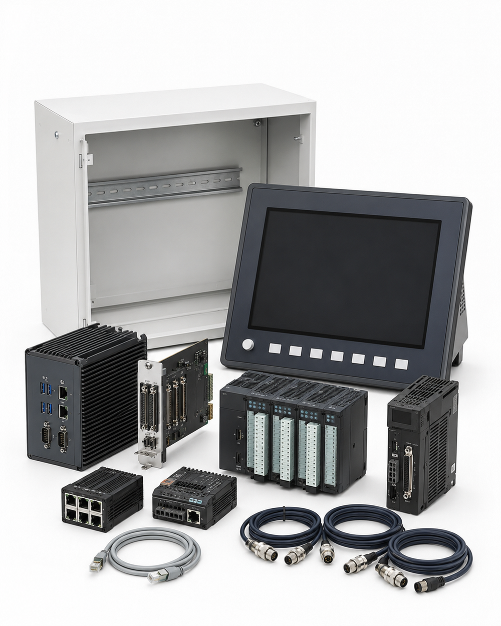 Industrial CNC controller and software upgrade package on a white background