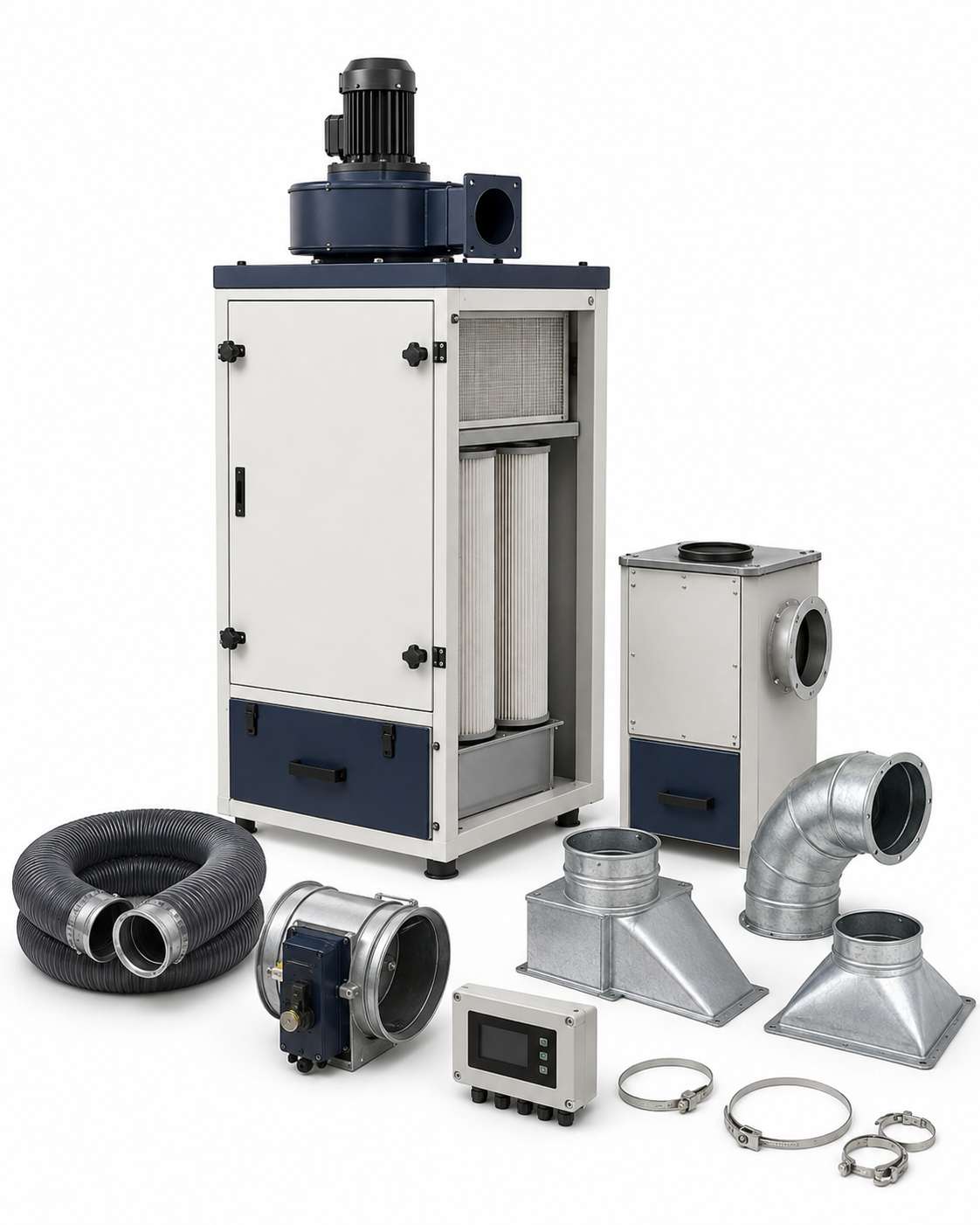 Mobile industrial welding fume extraction system on a white background