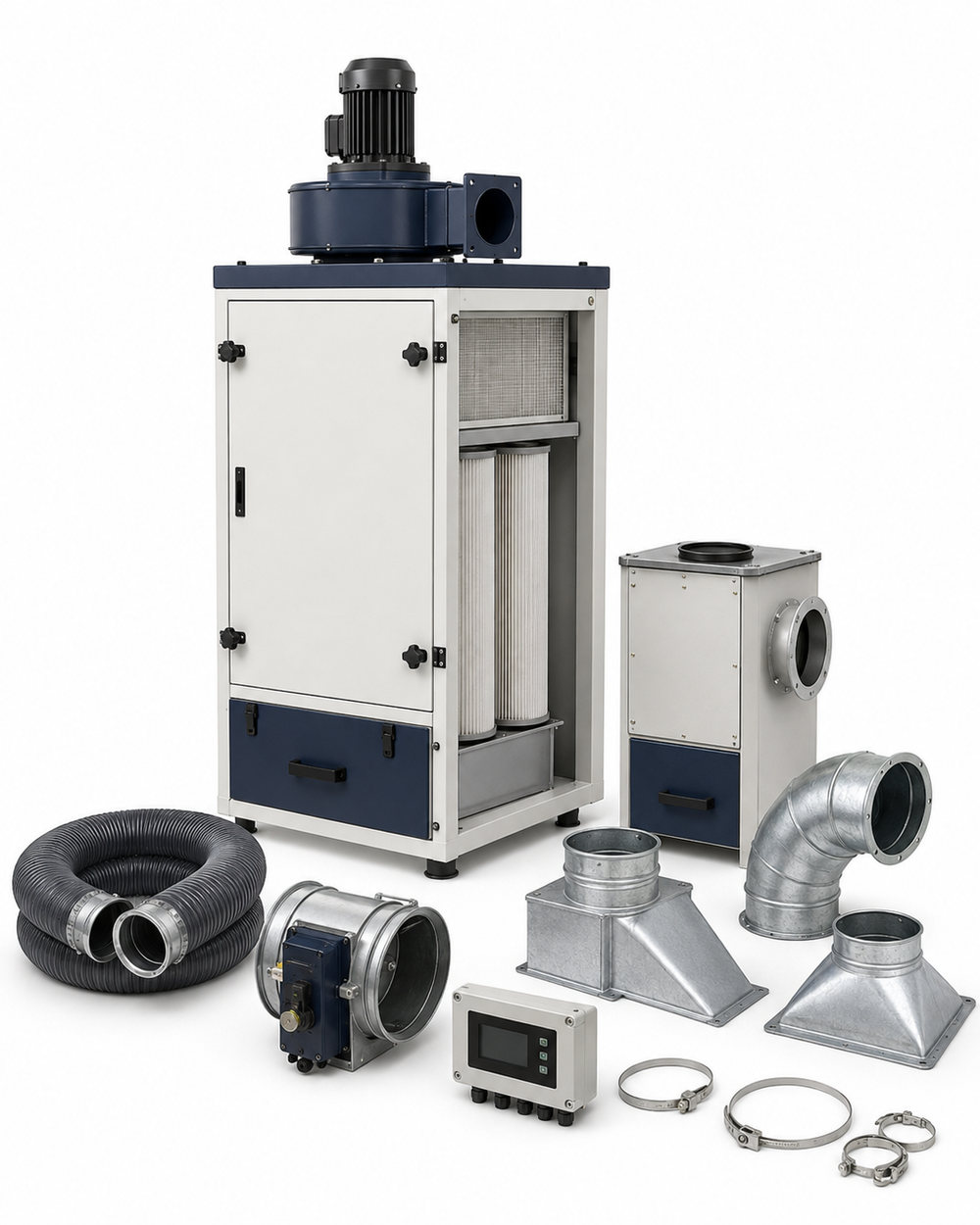 Fiber laser dust-collection duct and fume-extraction equipment on a white background