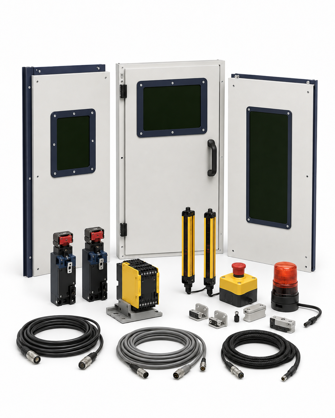 Industrial laser safety enclosure and interlock panels on a white background