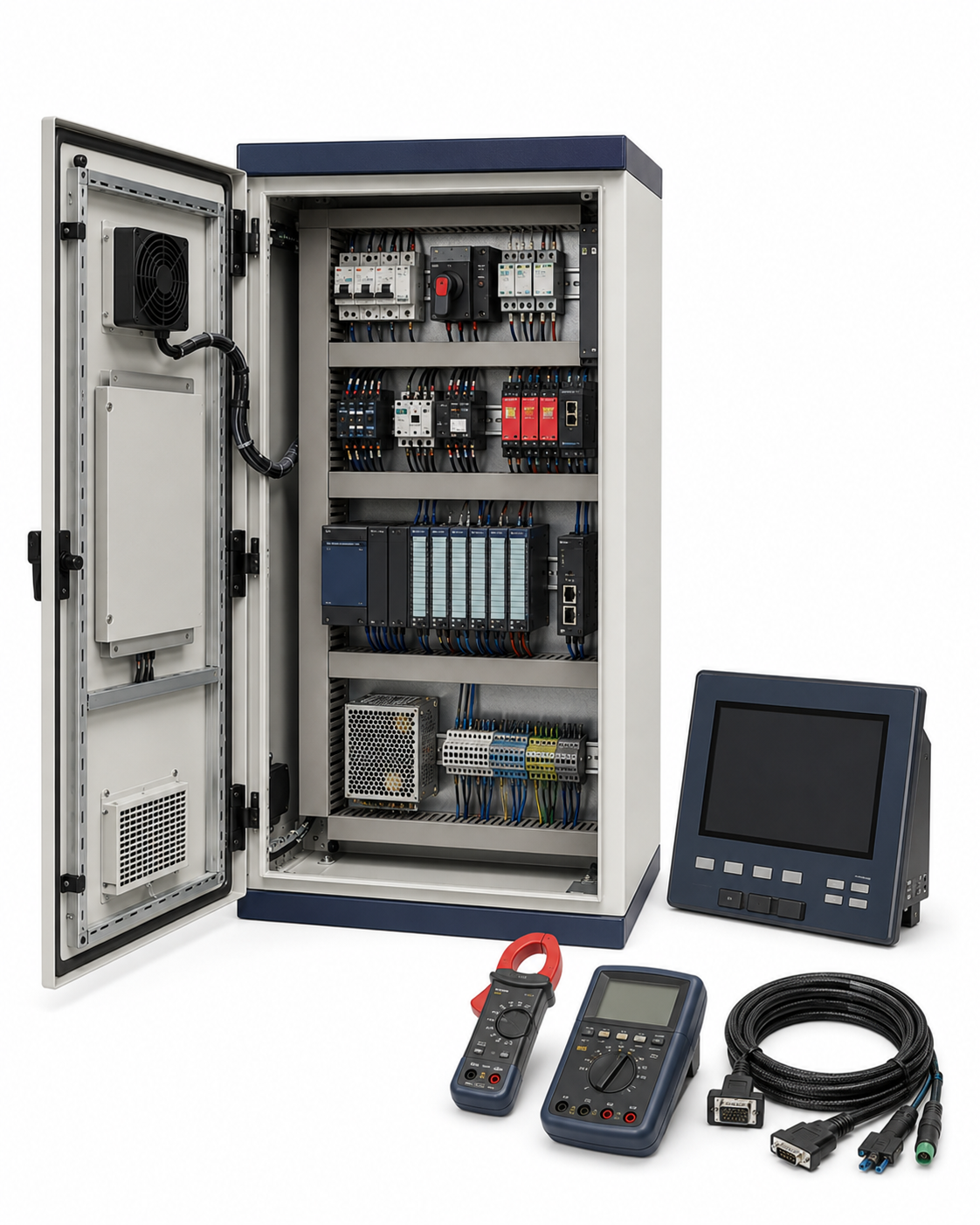 Industrial CNC machine electrical retrofit control cabinet and diagnostic equipment on a white background
