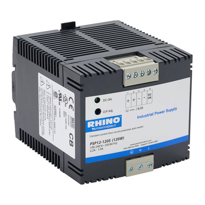 RHINO SELECT PSP series switching power supply, 12 VDC @ 8A/96W (adjustable), 120/240 VAC or 85-375 VDC nominal input, 1-phase, enclosed, plastic housing, 35mm DIN rail or chassis mount, removable screw terminal.-PSP12-120S