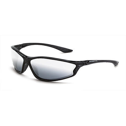 Crossfire Safety glasses, KP6 series, silver mirror lens, polycarbonate, 3/4 frame, shiny black, safety category ANSI Z87+ rated, 99.9% UV protection. Microfiber storage bag included.-SG-3463