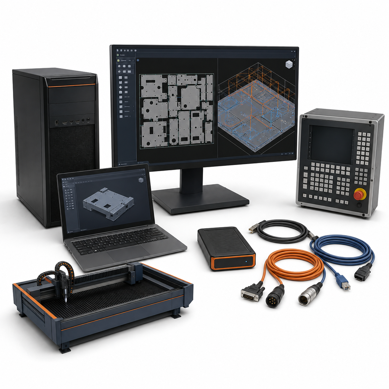 Lantek CAD CAM migration postprocessor and setup workstation on white background