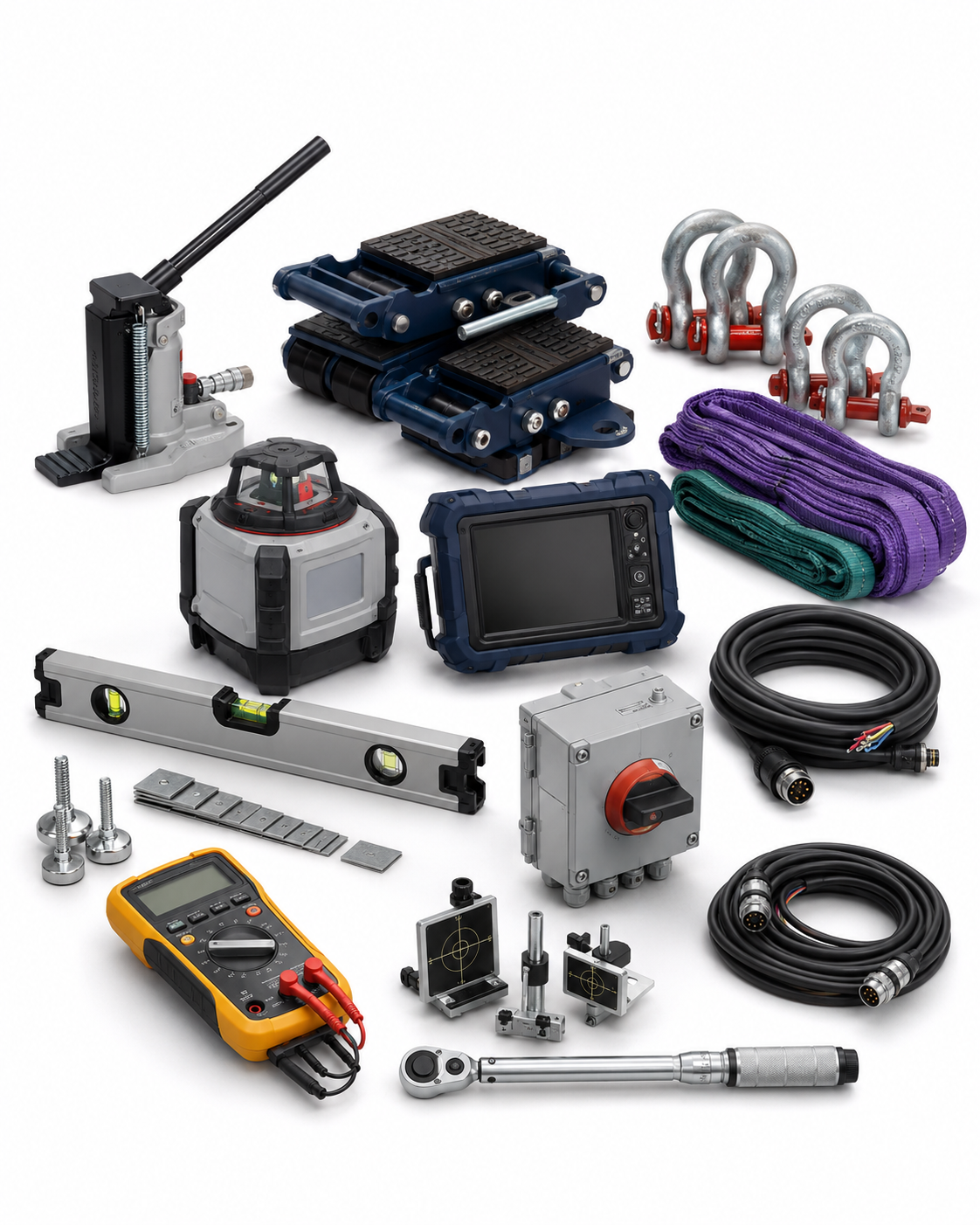 Machine relocation reinstallation and recommissioning service equipment on a white background
