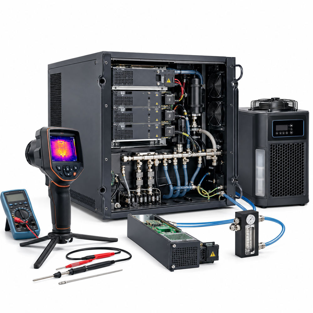 MAX fiber laser source alarm module and overtemperature repair diagnostics on white background