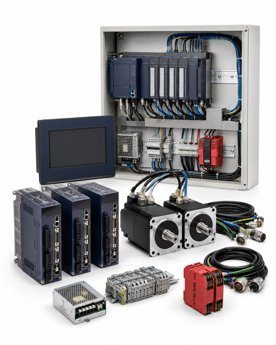 PLC and servo retrofit technical kit with control cabinet, drives and motors on white background