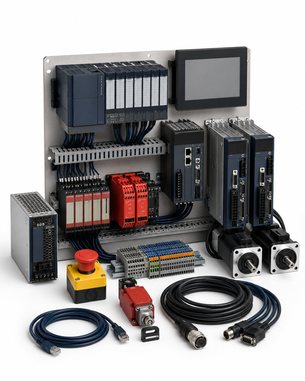 Industrial touchscreen HMI, PLC, and safety-control upgrade kit on a white background