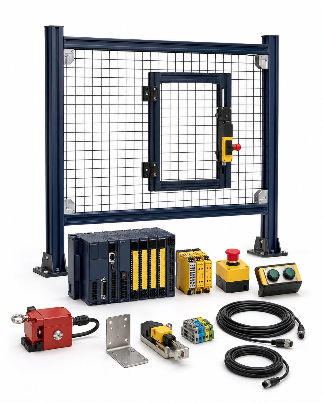 Safety PLC and modular machine guarding retrofit service equipment on white background