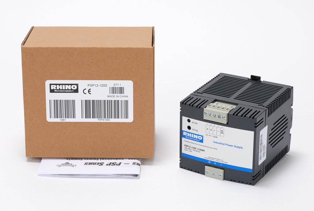 RHINO SELECT PSP series switching power supply, 12 VDC @ 8A/96W (adjustable), 120/240 VAC or 85-375 VDC nominal input, 1-phase, enclosed, plastic housing, 35mm DIN rail or chassis mount, removable screw terminal.-PSP12-120S