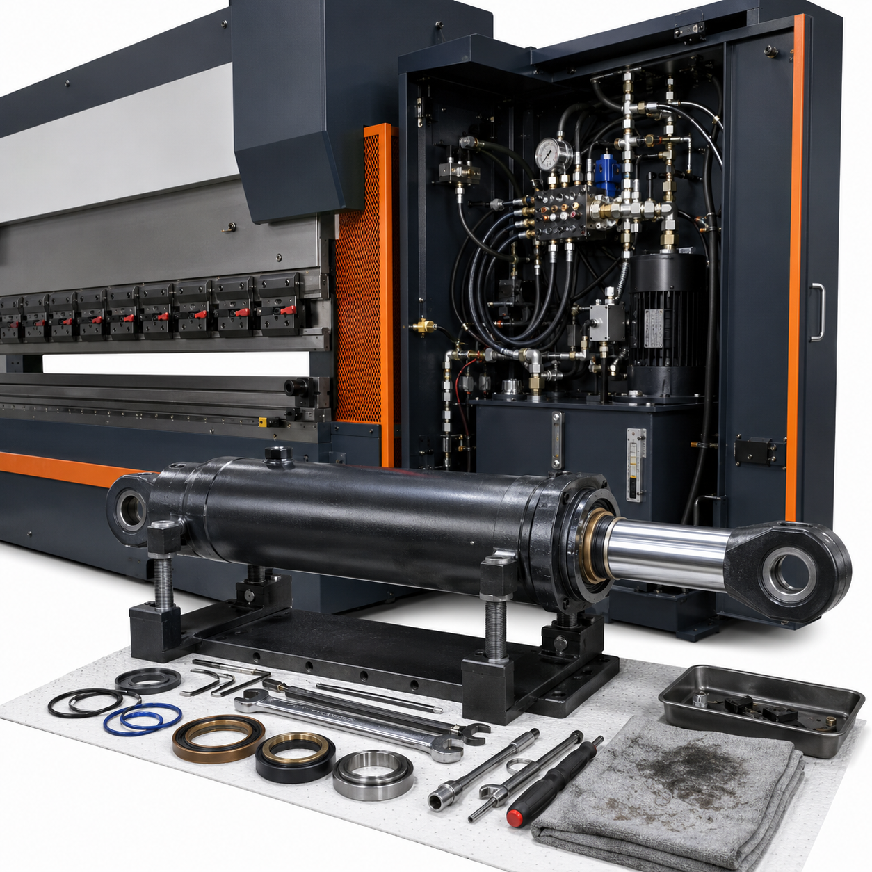Press brake hydraulic cylinder and seal service components on a white background