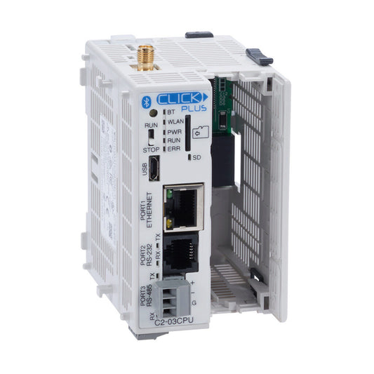 CLICK PLUS PLC, 24 VDC required, (1) option slot, WiFi LAN/Bluetooth, Ethernet, serial and microB-USB ports, battery backup, microSD card slot, no on-board I/O.