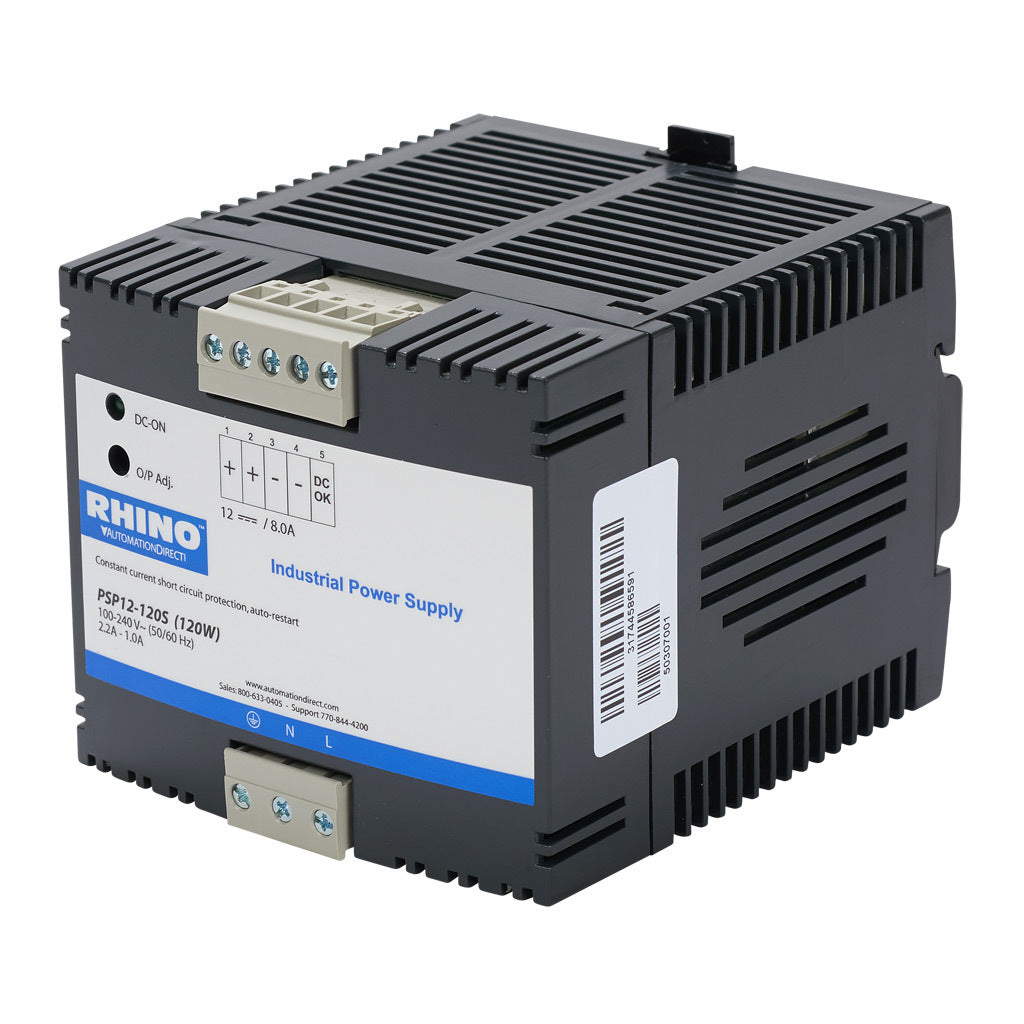 RHINO SELECT PSP series switching power supply, 12 VDC @ 8A/96W (adjustable), 120/240 VAC or 85-375 VDC nominal input, 1-phase, enclosed, plastic housing, 35mm DIN rail or chassis mount, removable screw terminal.-PSP12-120S