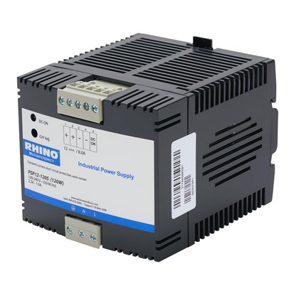 RHINO SELECT PSP series switching power supply, 12 VDC @ 8A/96W (adjustable), 120/240 VAC or 85-375 VDC nominal input, 1-phase, enclosed, plastic housing, 35mm DIN rail or chassis mount, removable screw terminal.-PSP12-120S